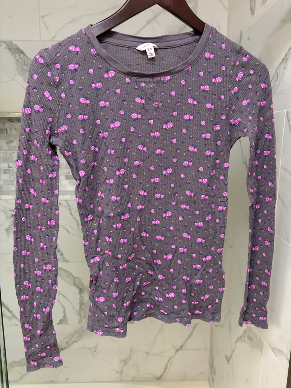 Forever 21 Purple Ribbed Long Sleeve Top with Pink Floral Dots